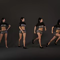 Women in sportswear showing dynamic poses from standing to running against gray background
