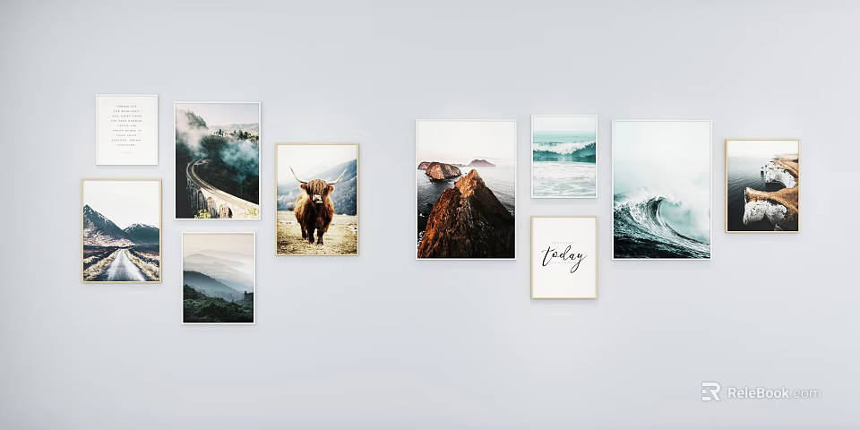 Gallery Wall Decor With Landscape Paintings Animal Art Ocean Waves And Friday Text 3d model 