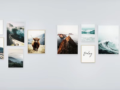 Gallery Wall Decor With Landscape Paintings Animal Art Ocean Waves And Friday Text 3d model