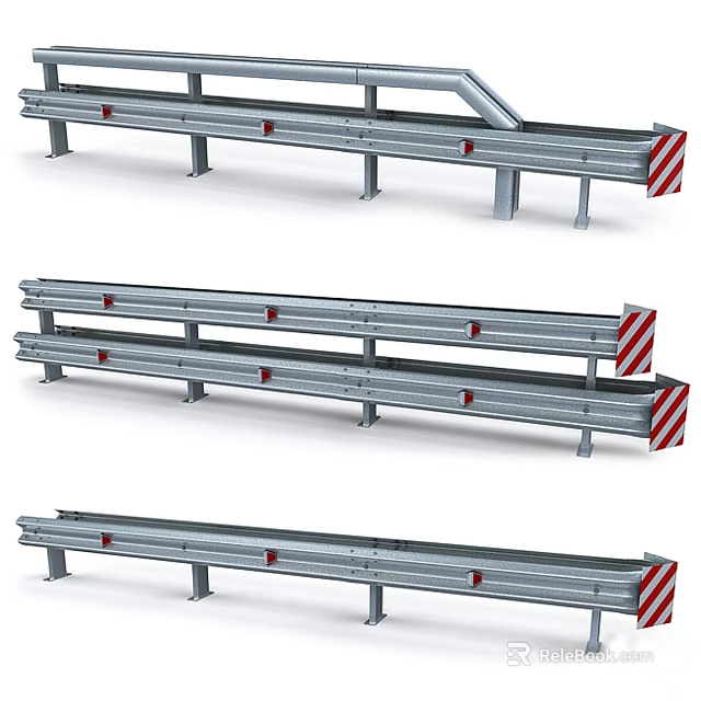 Metal Highway Guardrails With Red White Stripes And Support Posts For Safety 3d model 