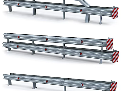 Metal Highway Guardrails With Red White Stripes And Support Posts For Safety 3d model