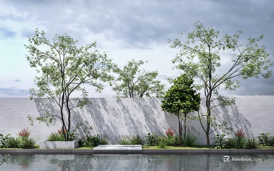 Lush Shrubs in Front of White Brick Wall with Trees Plants Water Pool and Bench 3d model 