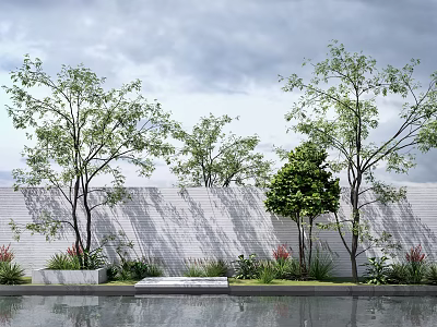 Lush Shrubs in Front of White Brick Wall with Trees Plants Water Pool and Bench 3d model