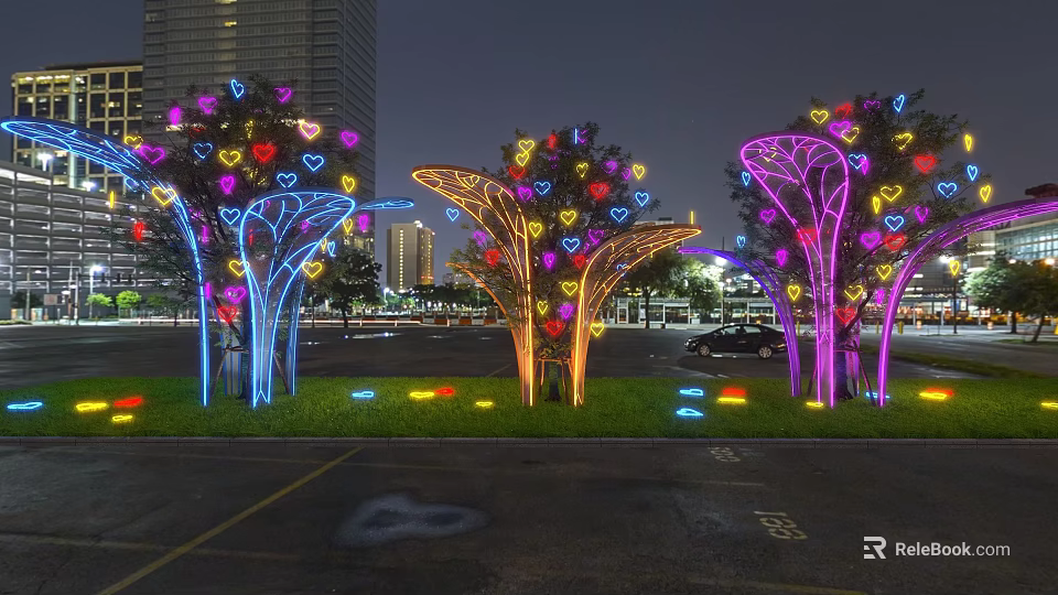 Illuminated Tree Shaped Art Installation With Colorful Heart Lights In Urban Night Scene 3d model 