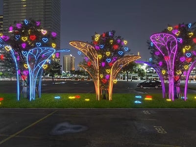 Illuminated Tree Shaped Art Installation With Colorful Heart Lights In Urban Night Scene 3d model
