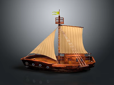 Wooden Sailing Boat With Yellow Sails Mast And Brown Hull Design 3d model