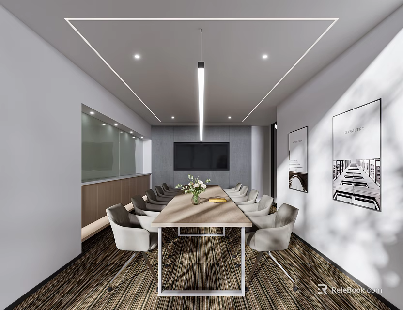 Modern Conference Room Interior With Long Table Comfortable Chairs TV Screen And Decorative Paintings 3d model 