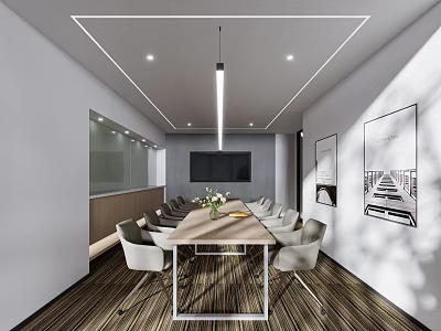 Modern Conference Room Interior With Long Table Comfortable Chairs TV Screen And Decorative Paintings 3d model