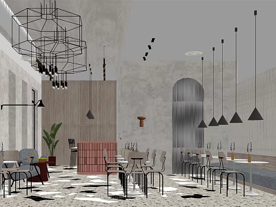 Modern Café Interior Design With Hanging Pendant Lights Wooden Tables And Green Plants 3d model