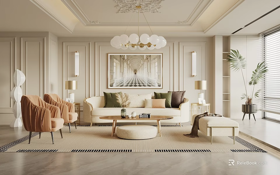 Elegant Modern Living Room Interior With Beige Sofa Gold Chandelier And Area Rug 3d model 