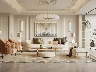 Elegant Modern Living Room Interior With Beige Sofa Gold Chandelier And Area Rug 3d model