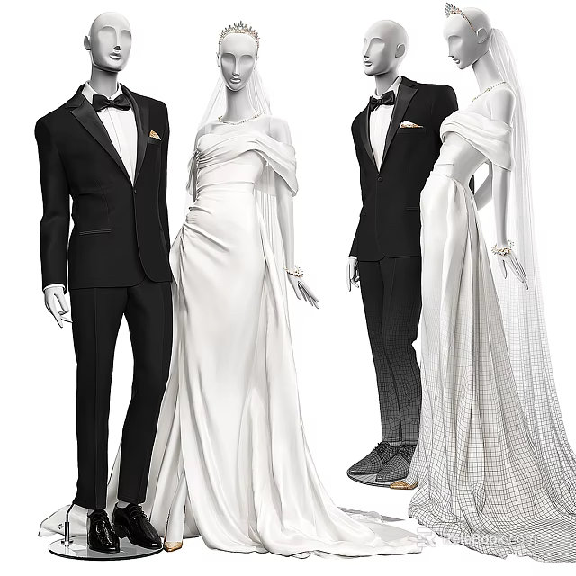 Models Showcasing Elegant White Wedding Dresses and Black Formal Tuxedo Suits 3d model 