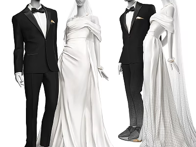 Models Showcasing Elegant White Wedding Dresses and Black Formal Tuxedo Suits 3d model