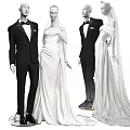Models Showcasing Elegant White Wedding Dresses and Black Formal Tuxedo Suits