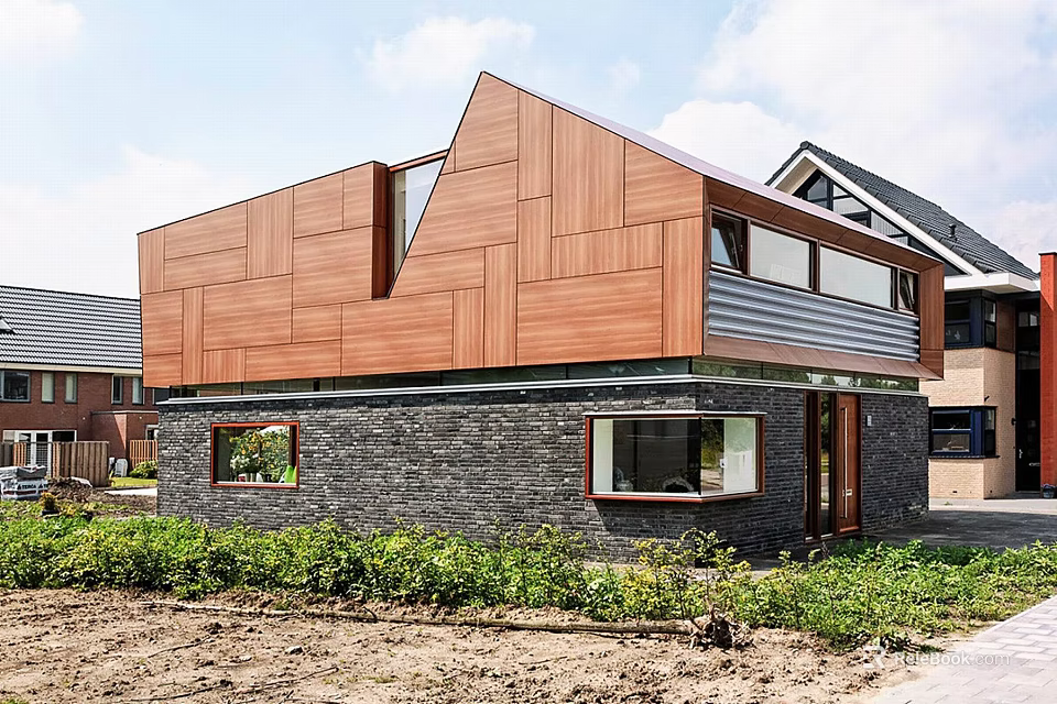 Modern Detached Villa Exterior With Wooden Facade Stone Wall Sloped Roof And Large Windows 3d model 