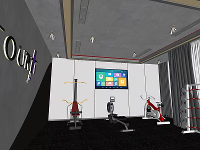 Modern Fitness Gym Interior With Exercise Machines TV Screen Ceiling Lights And Curtains 3d model