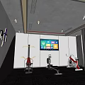 Modern Fitness Gym Interior With Exercise Machines TV Screen Ceiling Lights And Curtains