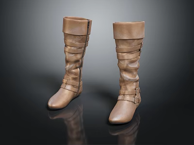 Brown Stylish Long Boots With Strap Details On Black Reflective Surface 3d model