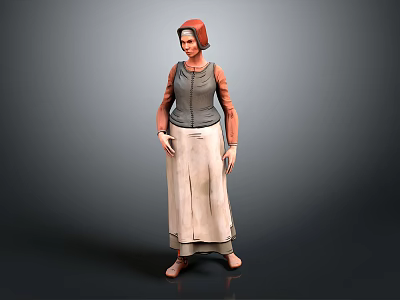 Woman In Traditional Attire With Red Headscarf Grey Vest Orange Sleeves And White Long Skirt 3d model