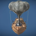 Cartoon Flying Ship Scene With Gray Balloon Wooden Hull Red Flag And Metal Ball