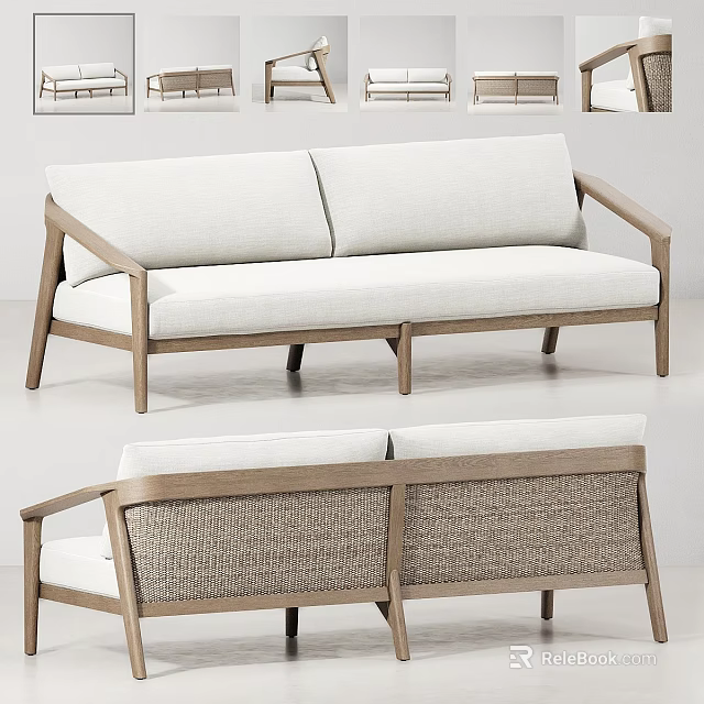 Modern Two Seater Sofa With Light Linen Upholstery Wooden Frame And Rattan Details 3d model 