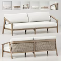 Modern Two Seater Sofa With Light Linen Upholstery Wooden Frame And Rattan Details
