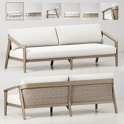 Modern Two Seater Sofa With Light Linen Upholstery Wooden Frame And Rattan Details 3d model