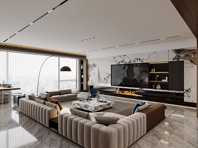 Modern Open Concept Living Dining Room With Sofa TV Wall And Marble Accents 3d model