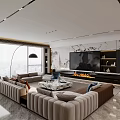 Modern Open Concept Living Dining Room With Sofa TV Wall And Marble Accents