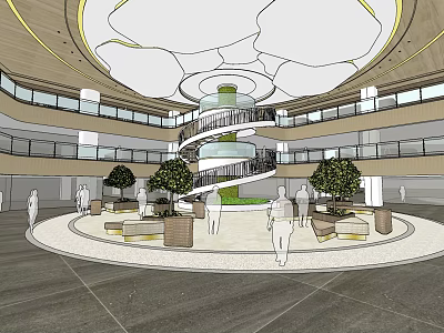 Spiral Staircase Circular Hall Interior With Multi Level Design Green Plants And Benches 3d model