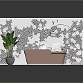 Modern Pink Reception Desk With White Partition Black Floral Pattern Green Plant Desk Lamp Computer