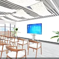 Spacious Classroom Interior With Wooden Desks Chairs Large Screen And Green Plants