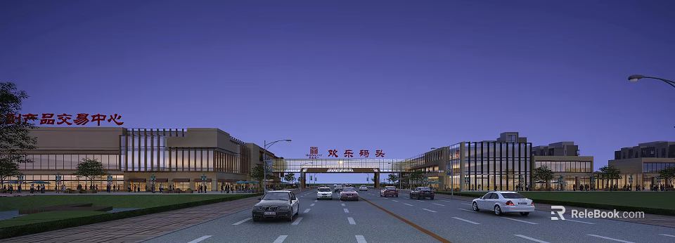 Evening Commercial Street Scene Featuring Buildings Cars On Road And Gateway Shopping Sign 3d model 