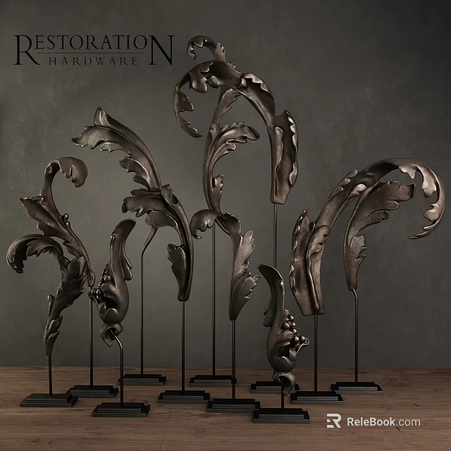 Artistic Metallic Leaf Shaped Decorative Ornament Set with Stand Base for Home Decor 3d model 