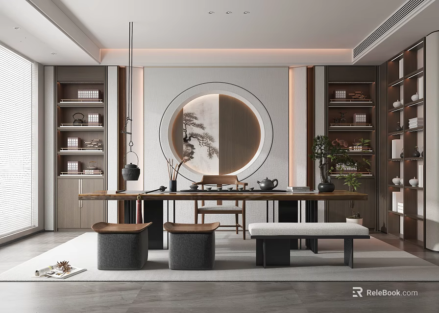 Modern Chinese Tea Room Interior Design With Round Decorative Painting Wooden Shelves And Potted Plant 3d model 