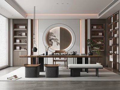 Modern Chinese Tea Room Interior Design With Round Decorative Painting Wooden Shelves And Potted Plant 3d model