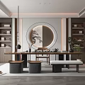 Modern Chinese Tea Room Interior Design With Round Decorative Painting Wooden Shelves And Potted Plant
