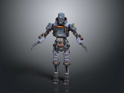 Mechanical Robot Character With Futuristic Armored Design Metallic Components Detailed Joints And Orange Accents 3d model