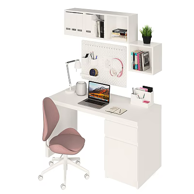 White Desk Setup With Pink Chair Laptop Lamp Pegboard Headphones Shelf Books And Potted Plant 3d model
