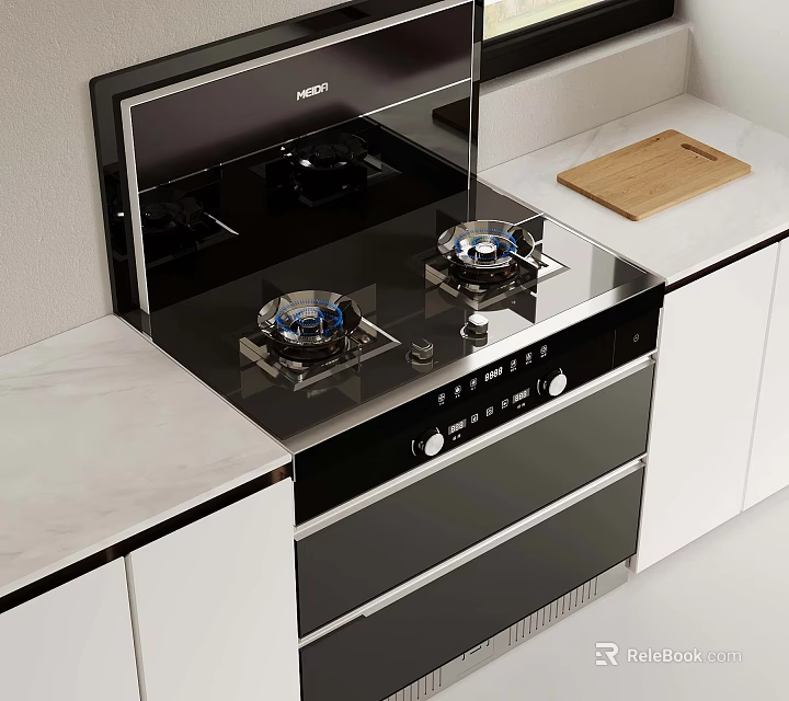 Modern Kitchen Interior With Sleek Black Built-in Stove White Cabinets Marble Countertop Wooden Cutting Board 3d model 
