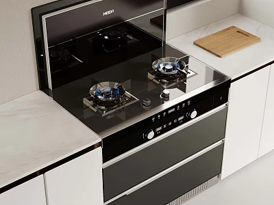 Modern Kitchen Interior With Sleek Black Built-in Stove White Cabinets Marble Countertop Wooden Cutting Board 3d model