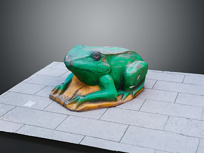 Green Reptile Sculpture On Gray Stone Paved Surface With Wooden Base 3d model