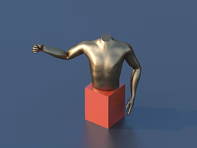 Metallic Golden Torso Sculpture Placed On Red Cube Base Against Blue Background 3d model