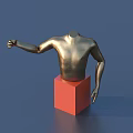 Metallic Golden Torso Sculpture Placed On Red Cube Base Against Blue Background