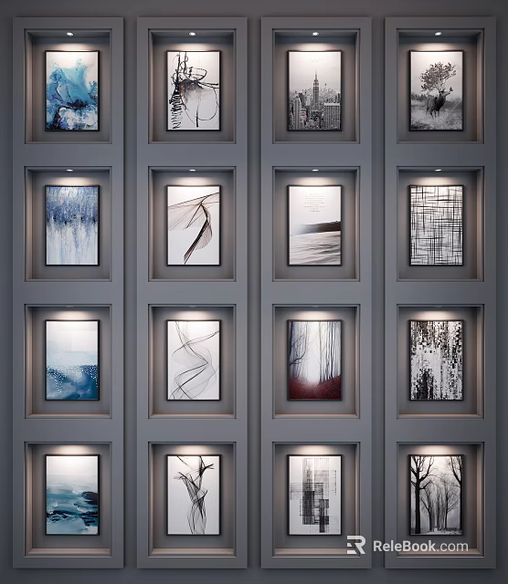 Abstract Paintings Arranged on Wall with Different Styles and Lighting Frames 3d model 
