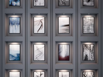 Abstract Paintings Arranged on Wall with Different Styles and Lighting Frames 3d model