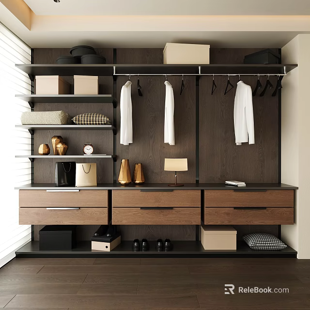 Modern Dark Wood Wardrobe Interior Design With Drawers Hanging Rods Storage Boxes And Shoes 3d model 