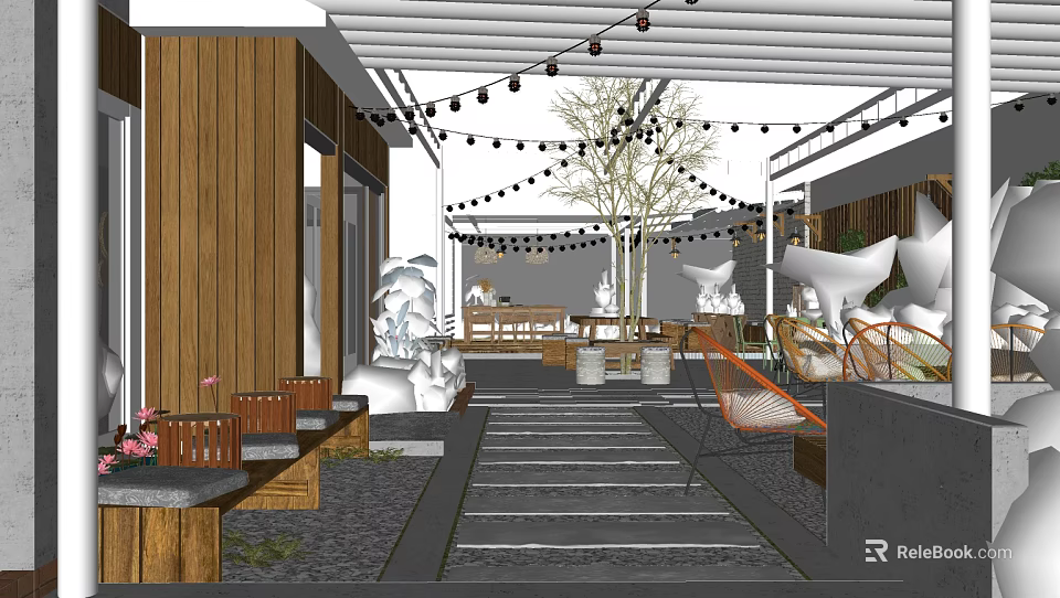 Outdoor Cafe With Wooden Structure String Lights White Sculptures Outdoor Seating And Green Plants 3d model 