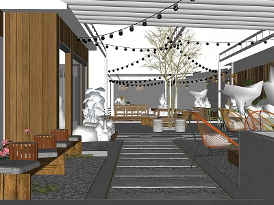 Outdoor Cafe With Wooden Structure String Lights White Sculptures Outdoor Seating And Green Plants 3d model
