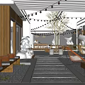 Outdoor Cafe With Wooden Structure String Lights White Sculptures Outdoor Seating And Green Plants